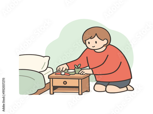 Cute cartoon child arranging items on a bedside table next to a bed