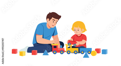 A man and a toddler playing with colorful toy trains and blocks on the floor in a casual setting.