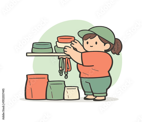Small person organizes pet supplies on a shelf, stacking bowls and leashes neatly while bags rest aligned on the floor. | pet