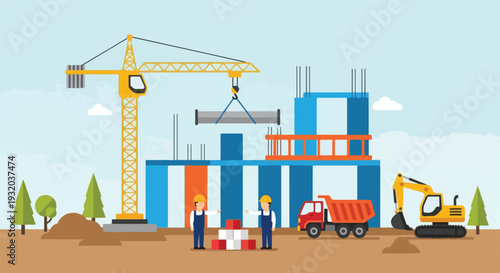 A vibrant vector illustration depicts a bustling construction site with a tower crane, partially built building, two workers, a dump truck, and an excavator under a clear sky.