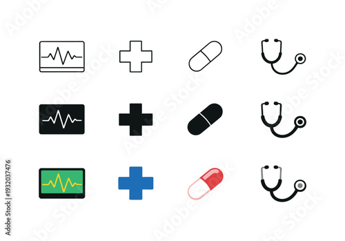 Heart monitor for vital signs, medical cross for healthcare, pill for medication, and stethoscope for diagnosis. Compose a strict