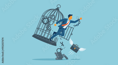 Businessman Breaking Free from a Birdcage and Chains, Concept of Career Freedom, Escape from Corporate Life, Financial Independence, Liberation from Work Stress and Debt, Vector Illustration