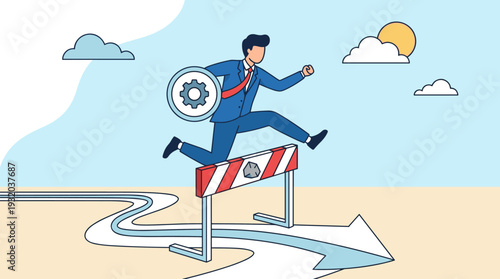 Businessman in a suit jumping over a hurdle barrier with a shield and gear icon, representing resilience, overcoming business obstacles, and strategic progress on a path toward success and growth.