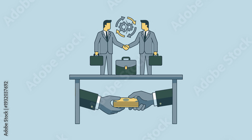 Business Corruption and Bribery Concept Vector Illustration Showing Two Businessmen Shaking Hands Above a Table While Cash is Secretly Exchanged Underneath Representing Corporate Fraud and Dishonesty
