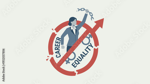 Empowered professional woman breaking through a red barrier of gender discrimination and career inequality, shattering chains to achieve success and professional growth in the workplace.
