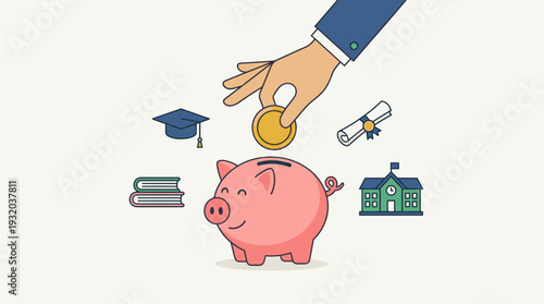 Hand Putting Gold Coin into Piggy Bank for Education Savings and Investment Concept with Graduation Cap Diploma Books and School Building Icons Flat Vector Illustration for Finance Planning