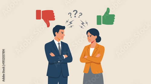 Conflict and Argument Between Colleagues or Business People Concept. Controversy, Difference of Opinion, Disagreement and Misunderstanding. Angry Man and Woman in Suits Facing Each Other.