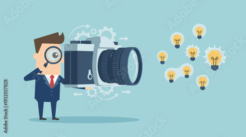 Businessman using a magnifying glass and camera to find new creative ideas and business opportunities, concept of innovation, inspiration, vision, and professional search for smart solutions.