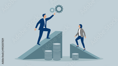 Gender Inequality in Corporate Business Concept with Businessman and Businesswoman on Different Career Paths Representing the Wage Gap, Glass Ceiling, and Unequal Opportunity for Success