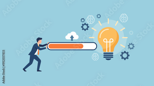Businessman Pushing Loading Bar Towards Glowing Light Bulb, Concept of Innovation, Creative Thinking, Idea Generation, Progress, and Business Strategy with Brain Icons, Gears, and Cloud Upload