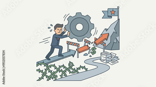 Businessman Pushing Giant Gear Uphill Towards Goal Flag, Overcoming Obstacles Like Thorns, Broken Hurdles, and Paperwork. Conceptual Illustration of Perseverance, Hard Work, and Business Success.
