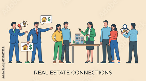 Real Estate Agents and Brokers Marketing Property Sales to Potential Buyers with Megaphone and Building Models, People Searching for New Homes and Investment Opportunities Vector Illustration
