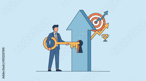 Businessman Holding a Golden Key to Unlock Success and Achieve Business Targets, Career Growth Concept with Upward Arrow, Bullseye, and Trophy for Professional Achievement and Strategic Goals.