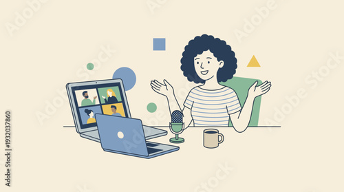 Illustration of a young woman with curly hair hosting a live streaming event or podcast from home, sitting at a desk with two laptops, a microphone, and a mug, participating in a video conference.