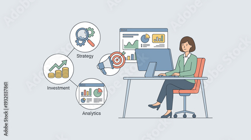 Businesswoman working at office desk with computer, analyzing marketing strategy, financial investment, and data analytics with charts, graphs, megaphone, and target icons in flat vector style.