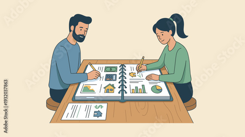 Couple or business partners sitting at a desk planning finances and expenses, writing in a large notebook with charts, house icons, and money symbols. Financial planning and budget management.