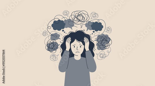 Mental Health Concept Illustration of a Stressed Woman Suffering from Overwhelming Thoughts and Anxiety, Unhappy Distressed Female Struggling with Repetitive Negative Thinking and Burnout