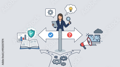 Businesswoman at a crossroads between myths and facts, using a magnifying glass and tablet to verify information accuracy, truth vs misinformation concept with data, shield, and broken screen.