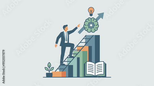 Businessman Climbing Ladder to Success with Growth Mindset Concept Personal Development Education and Psychology Illustration for Career Advancement Lifelong Learning and Strategic Thinking