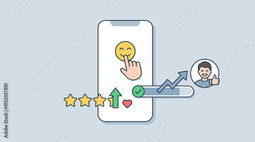 Customer Feedback and Online Review Concept on Smartphone with Positive Ranking. Illustration of User Satisfaction, Five Stars Rating, Happy Emoji, Thumbs Up, and Growth Graph for Marketing.