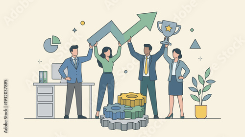 Diverse business team celebrating success and growth together, holding a rising arrow and trophy, representing collaboration, achievement, and effective teamwork in a modern office environment.