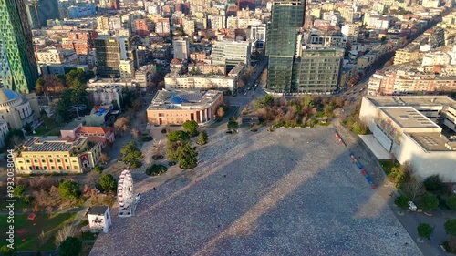 Aerial drone view of buildings downtown Tirana, Albania