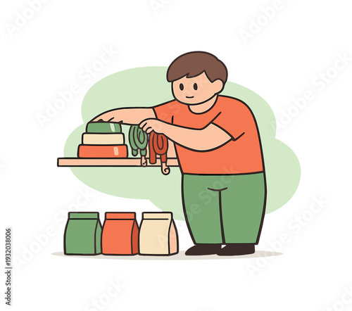 Fresh person organizes pet supplies on a shelf, stacking bowls and leashes neatly while bags rest aligned on the floor. | pet