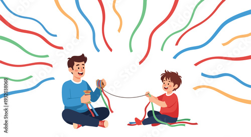 Illustration of a man and a boy sitting cross-legged, playing with colorful ribbons on a white background with a joyful mood.