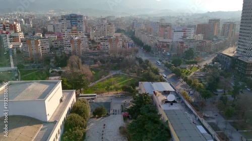 Aerial drone view of buildings downtown Tirana, Albania