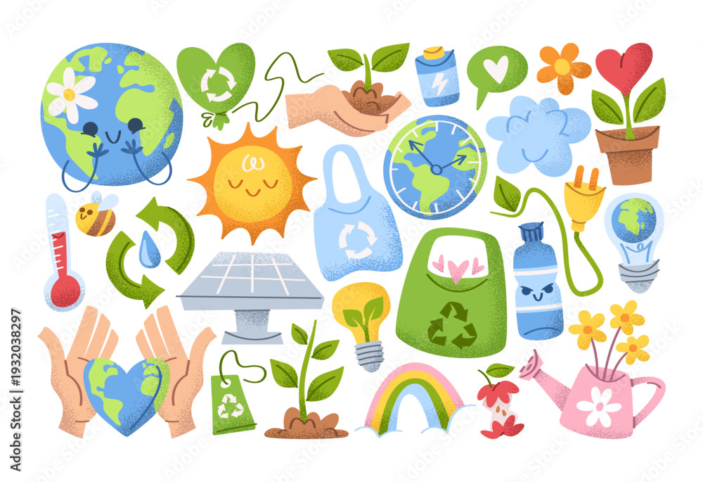 Fototapeta premium Earth day elements collection with planet, recycling symbols, green seedlings, renewable energy