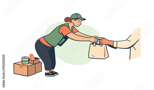 Morning volunteer hands out food parcels, body leaning forward as a bag is passed and hands meet briefly | volunteer food parcels