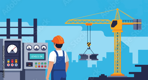 A construction worker monitors control panels showing 'LEVELS OK' while a tower crane lifts heavy materials at an industrial site.