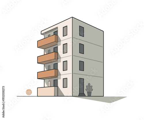 Minimalist illustration of a modern apartment building with balconies and windows