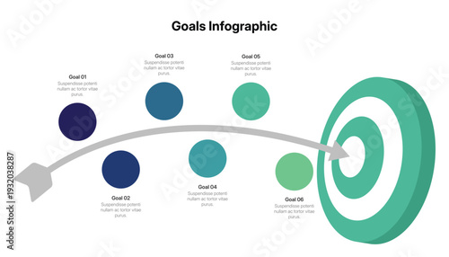 Six Step Goals Infographic With Arrow Hitting A Target