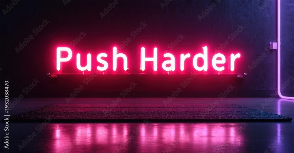 Obraz premium Neon sign displays Push Harder. Dark room, minimalist aesthetic. Reflective floor enhances vibrant pink glow. Motivation, inspiration.