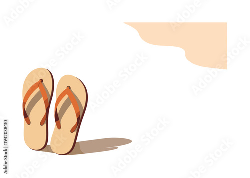 A pair of beige flip-flops with orange straps resting on a sandy beach