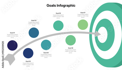 Seven Step Goals Infographic With Arrow Hitting A Target
