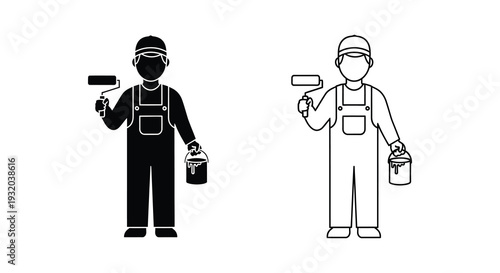 Painter icons a filled and outlined silhouette of a worker
