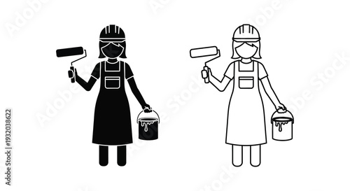 Two depictions of a female painter with painting tools