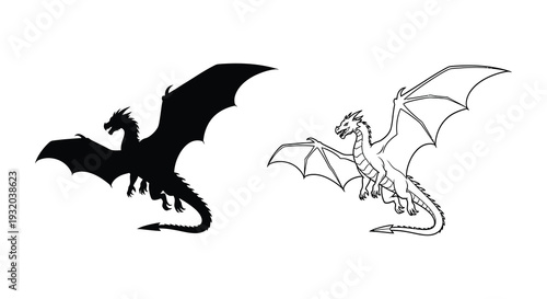 Two dragons in flight one solid black one with line art