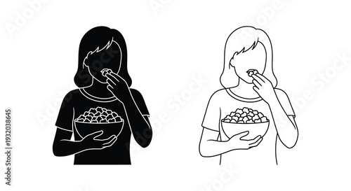 Two silhouettes of people enjoying popcorn in a simple graphic style