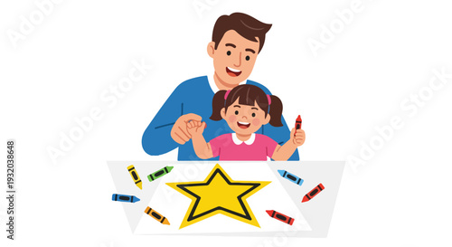 A smiling man and a young girl coloring with crayons on a white paper with a large yellow star in a bright and playful setting.