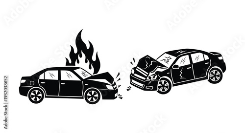 Two cars involved in a severe collision one vehicle is on fire