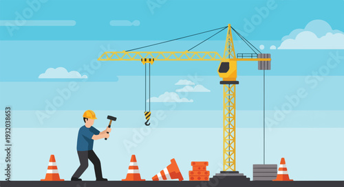 A flat design vector showing a construction worker, traffic cones, building materials, and a yellow crane at an active construction site.