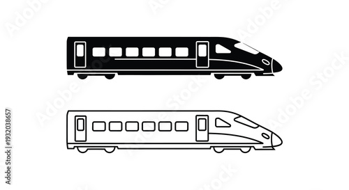 Two depictions of a sleek modern high speed train in black and white