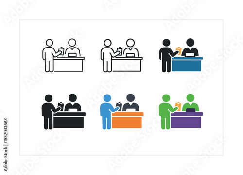 Visitor registration symbol showing a person at a reception desk with a clipboard or key, representing check-in, guest onboarding