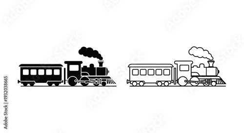 Two contrasting depictions of a vintage steam locomotive in black