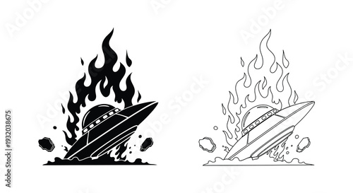 Ufo crash landing amid flames and debris shown in two styles