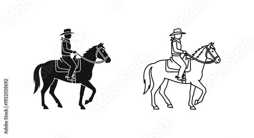 Two silhouettes of cowboys riding horses facing different directions