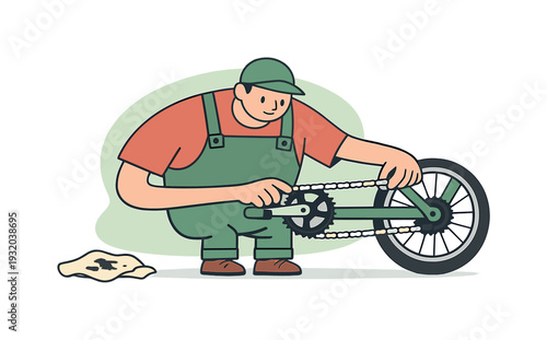 Cartoon mechanic in overalls working on a bicycle chain and gears with a grease stain on the ground